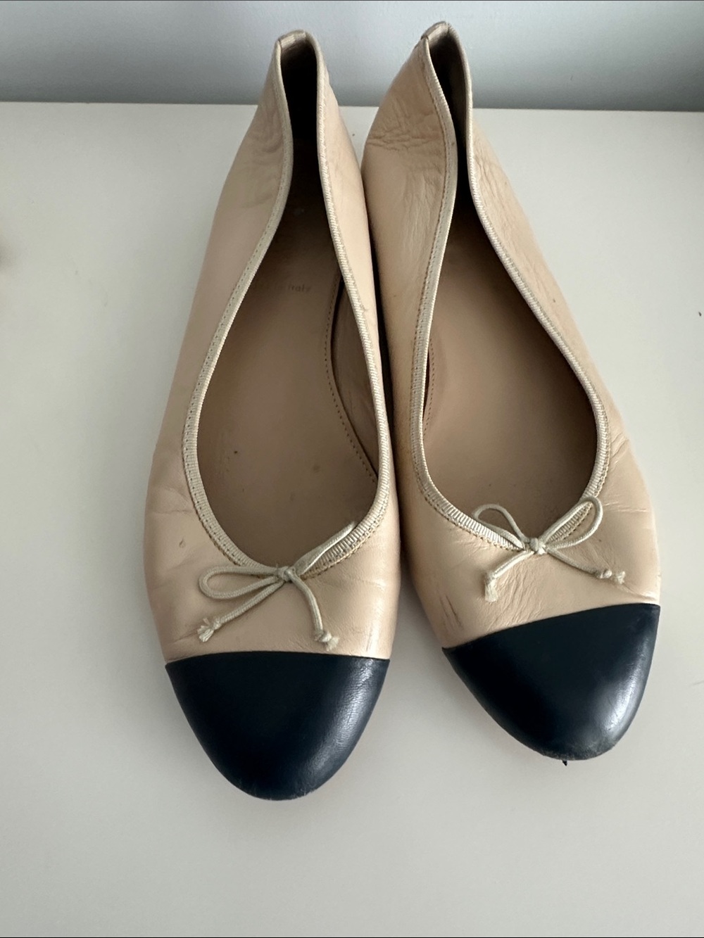 J. Crew Two-Tone Nude and Black Leather Ballet Flats. Scuffing at toe